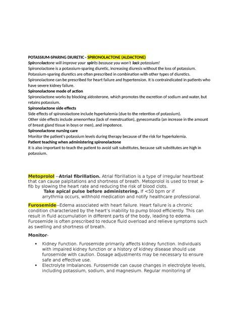 Potassium - NOTES - POTASSIUM-SPARING DIURETIC - SPIRONOLACTONE (ALDACTONE) Spironolactone will ...