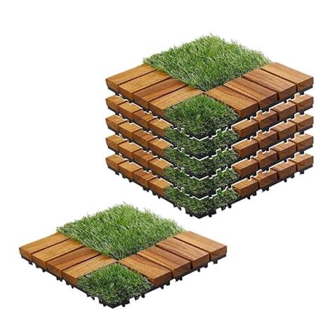Sharpex Artificial Grass Wooden Deck Tiles with Interlocking | 6 Piece ...