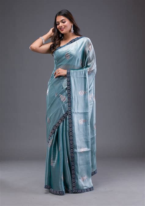 Buy Sea Green Stonework Chiffon Saree - Koskii
