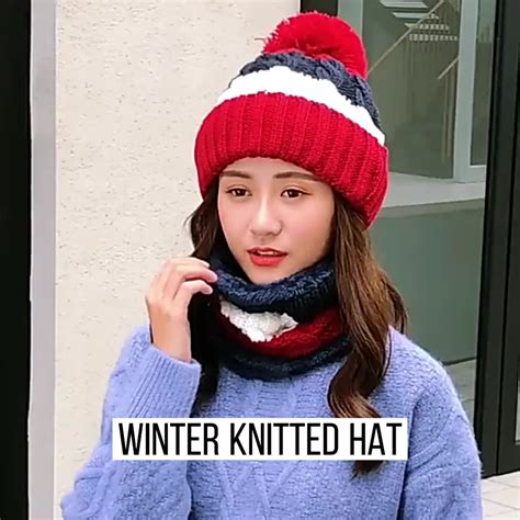 Women Winter Hat Scarf Glove 3 In 1 With Pompom Fleece Lined Knitted ...
