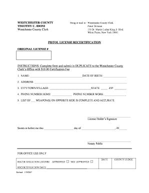Westchester County Pistol License Recertification - Blank Fillable ...