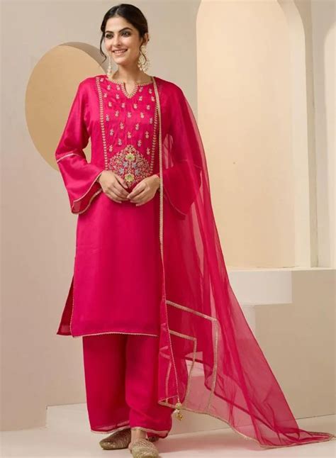 ISHIN Pink Women'S Pink Rayon Embroidered Tunic Full Length Palazzo ...