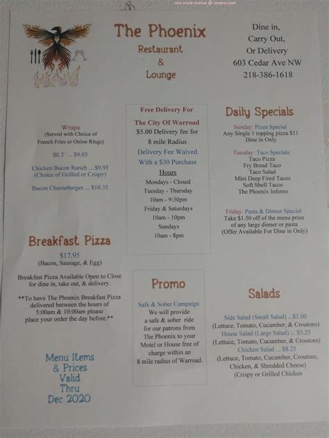 Online Menu of The Phoenix Restaurant, Warroad, Minnesota, 56763 - Zmenu