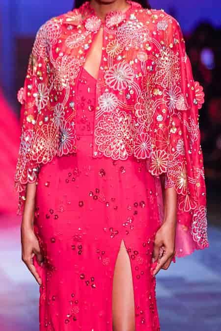 Buy Red Georgette, Organza, Linen Beads, Embroidery V-neck Cape And ...