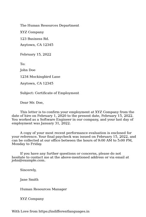 2 Examples of Sample Letter For Certificate Of Employment