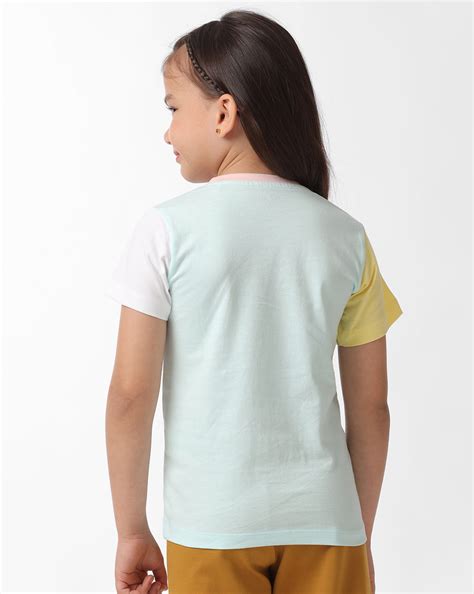 Girls Colour Block Tee With 3D Flower Graphic