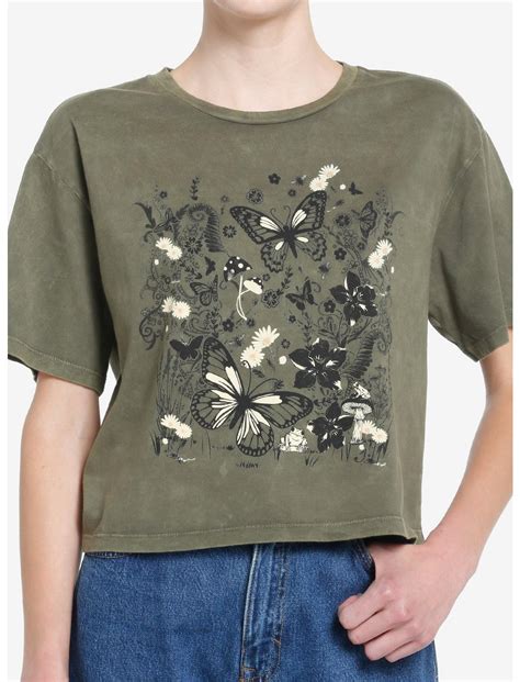 Thorn & Fable Butterfly Forest Green Wash Girls Crop T-Shirt | Hot Topic