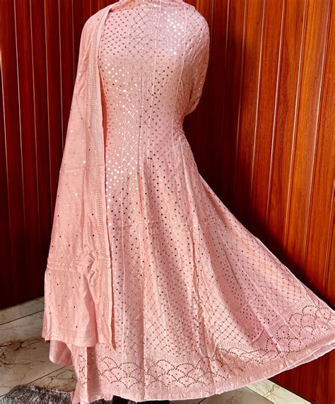 Blush Pink Allover Heavy Mukaish Chanderi Silk Anarkali with Dupatta