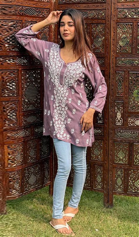 Ramineh Women's Lakhnavi Handcrafted Modal Cotton Chikankari Top - HON