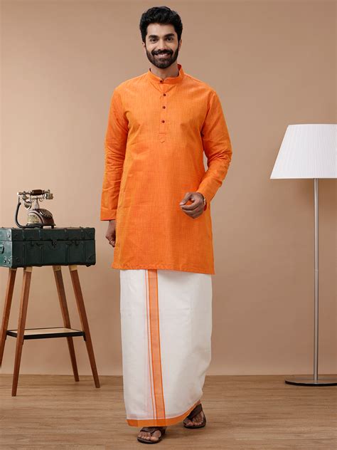 Men Orange Medium Length Kurta with Kora Double Layer Cream Dhoti FS3