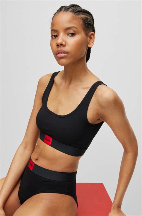 HUGO - Stretch-cotton bralette with red logo label