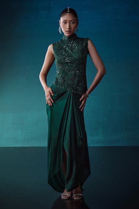 Buy Emerald Green Organza Embroidery Geometric High Collar Top With ...