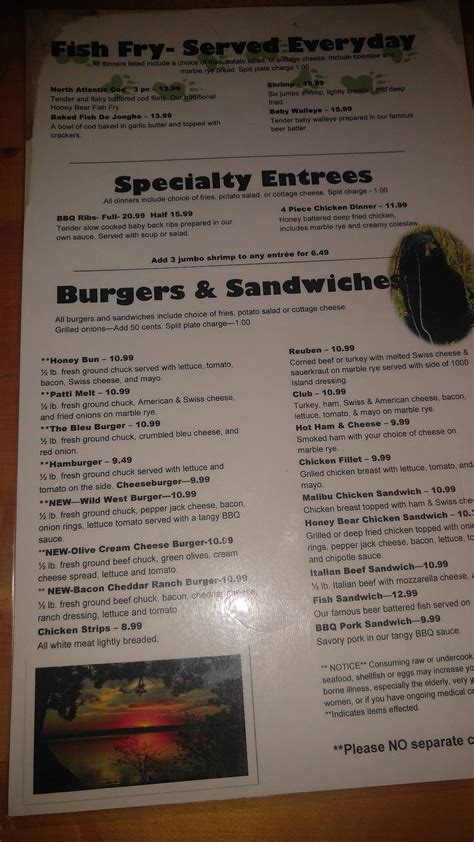 Menu at Honey Bear restaurant, Eagle River, WI-70