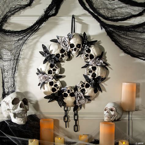 23 1/2" x 15 3/4" Skulls & White Roses Wreath Halloween Decoration ...