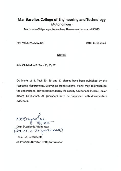 CA marks Grievance Notice S3S5 and S7 - Mar Baselios College of ...
