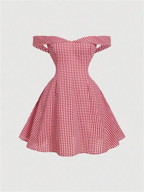 SHEIN MOD Plus Size Red & White Plaid Off-The-Shoulder Ruched Waist ...