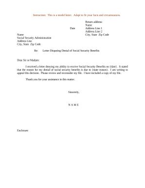 Letter Disputing Denial of Social Security Benefits - Blank Fillable ...