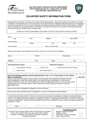Fulton County Schools Volunteer Safety Information Form - Blank ...