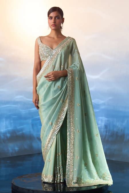Buy Green Tissue Sequins, Crystals, Beads Azura Crest Embroidered Saree ...