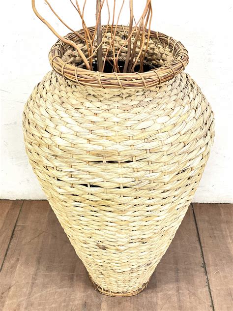 Lot - Tall Wicker Floor Vase & Branch Arrangement