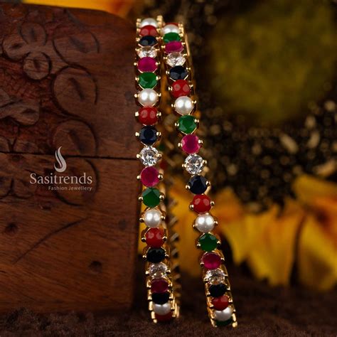 Navaratna American Diamond Bangles with Multi Gemstones - Sasitrends
