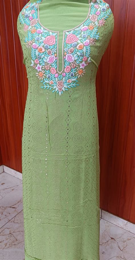 Pista Green Parsi Gara & Allover Mukaish Kurta and Dupatta Set