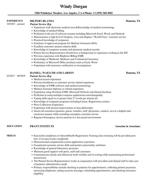 Patient Service Rep Resume Samples | Velvet Jobs