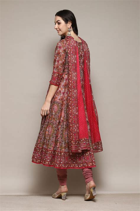 Onion Pink Cotton Anarkali Kurta Churidar Suit Set at Biba India
