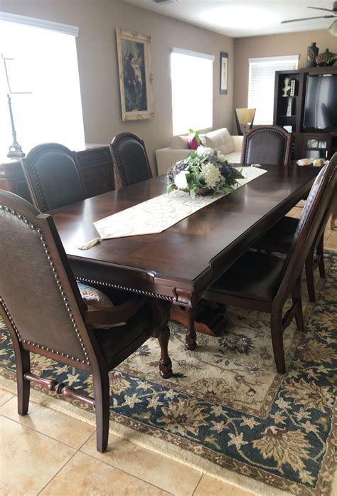 Jerome 120 inch dining table set 6 chairs with dining chest for Sale in ...