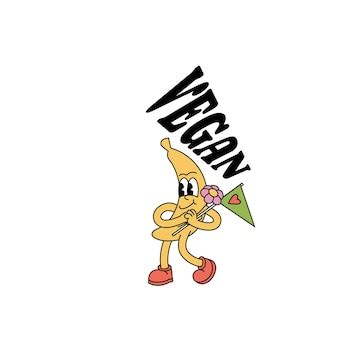 Vector illustration banana fruit character with happy face ìn retro ...