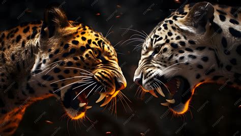 Premium AI Image | Portrait of two leopard in a dark background Angry Jaguars with Fire and ...