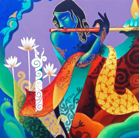 Indian Art - Painting - Krishna Playing the Flute 2 - Canvas Prints by ...