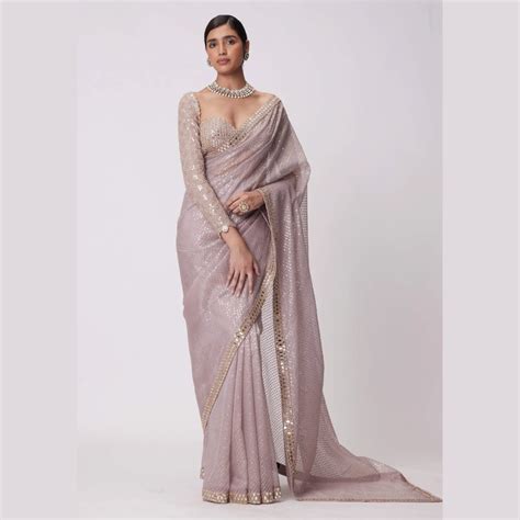 Pink saree embellished with Sequin , Mirror Work & full sleeve blouse ...