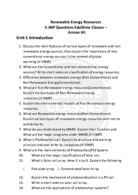 Renewable Energy Resources: V.IMP Questions for BTECH (SEM VII) - Studocu