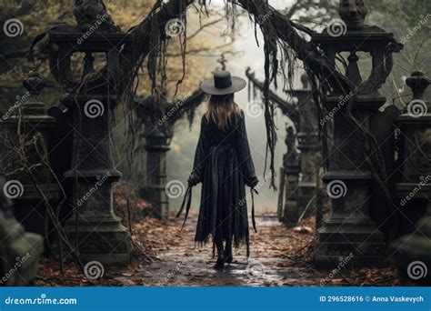 Silhouette of a Woman in a Pointed Hat Walking through an Eerie ...