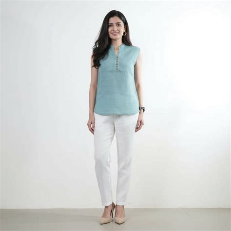 Mandarin Collared Top - 100% Linen - Women - Muted Sage – Rimore