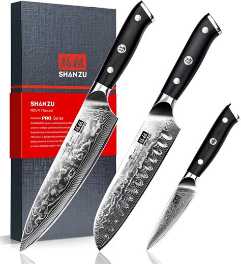 SHAN ZU 3 Pieces Damascus Kitchen Knife Set, 67 Layers Damascus Steel ...