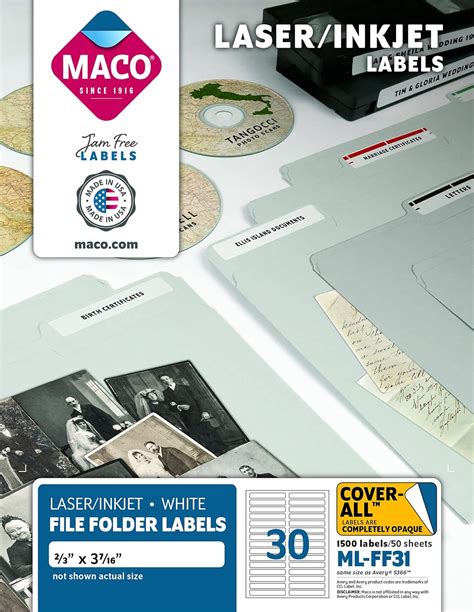 Maco Laser/Ink Jet White File Folder Labels, 2/3 x 3-7/16 pulgadas, 30 por hoja, 1500 por caja ...