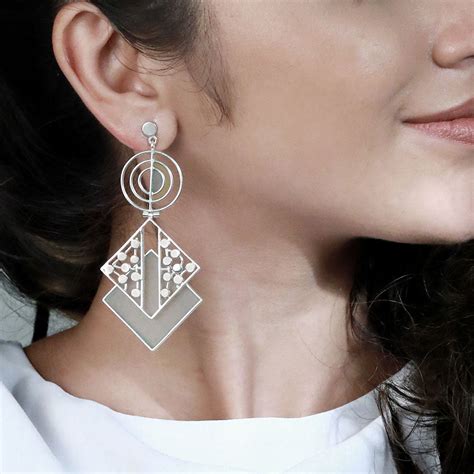SILVER TONED CYAN ACRYLIC RHOMBUS DROP EARRINGS WITH SPLIT DOTTED DETA ...