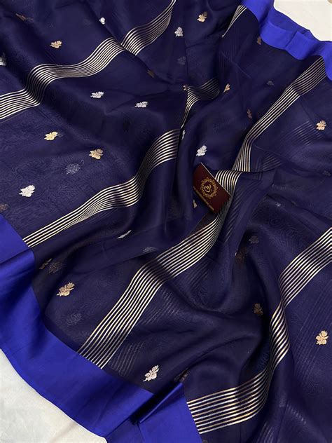 Navy Blue Pure Kora Silk Banarasi Saree with Zari stripes – AuraBenaras
