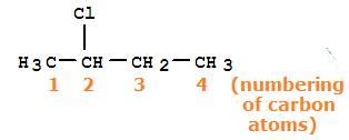 Write structural formulae for the following IUPAC names. 2- chlorobutane