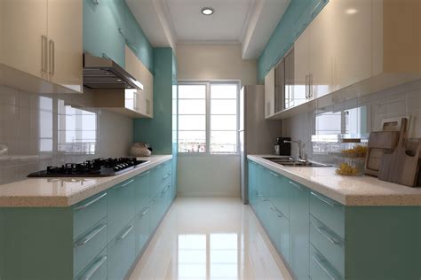 Modern Aqua Blue and Cream Parallel Kitchen Design