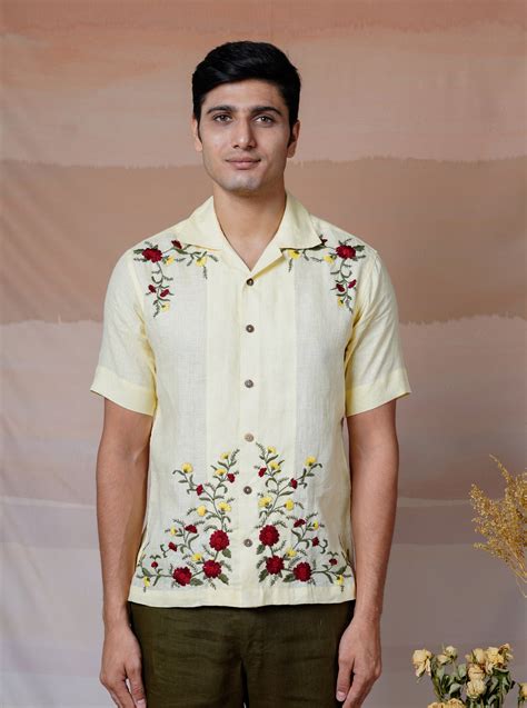 FLORAL FIESTA CREAM - HAND EMBROIDERED UNISEX LINEN SHIRT – Houseofcultura