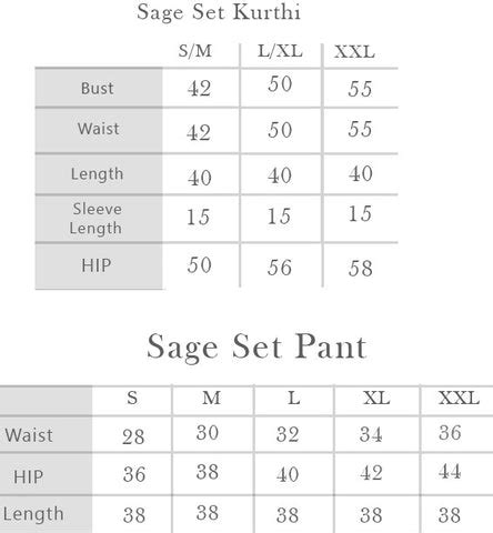 Sage Set Kurthi And Pant Size Chart – Copyright, 2024, Atulyakala Luxe ...