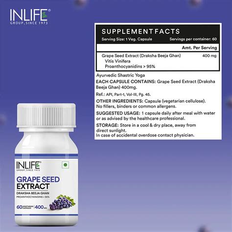 Inlife Grape Seed Extract (Proanthocyanidins > 95%)|400mg| 60 Veg Caps ...
