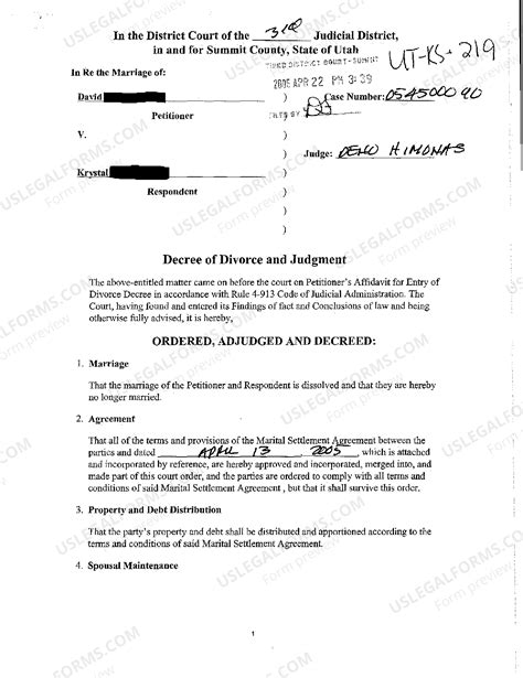 Utah Decree of Divorce and Judgment | US Legal Forms