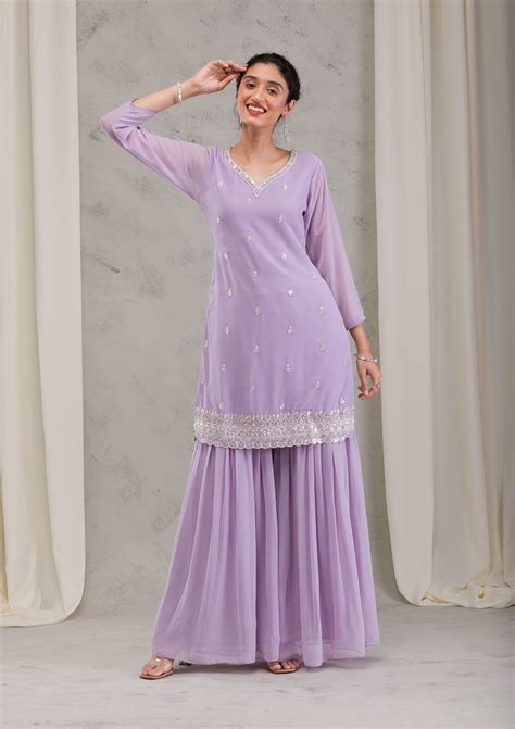 Buy Lavender Sequins Georgette Readymade Salwar Suit - Koskii