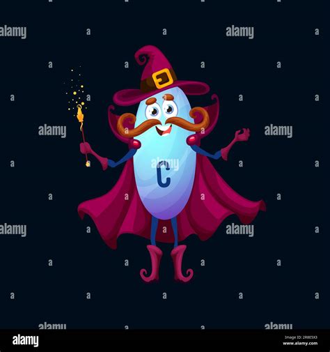 Cartoon vitamin C wizard character. Vector ascorbic acid capsule, magical nutritional supplement ...