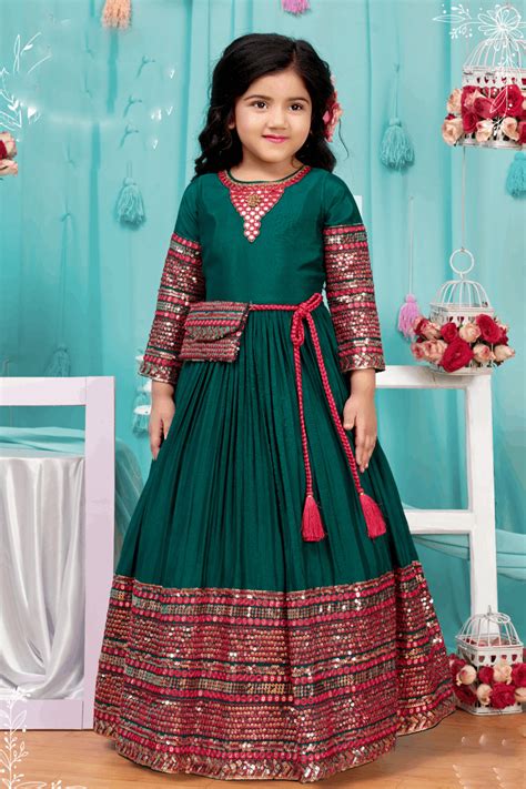 Green Sequins, Mirror, Stone and Threadwork Long Party Gown for Girls ...