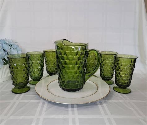 1960 s vintage indiana glass whitehall avocado green pitcher 6 glasses ...
